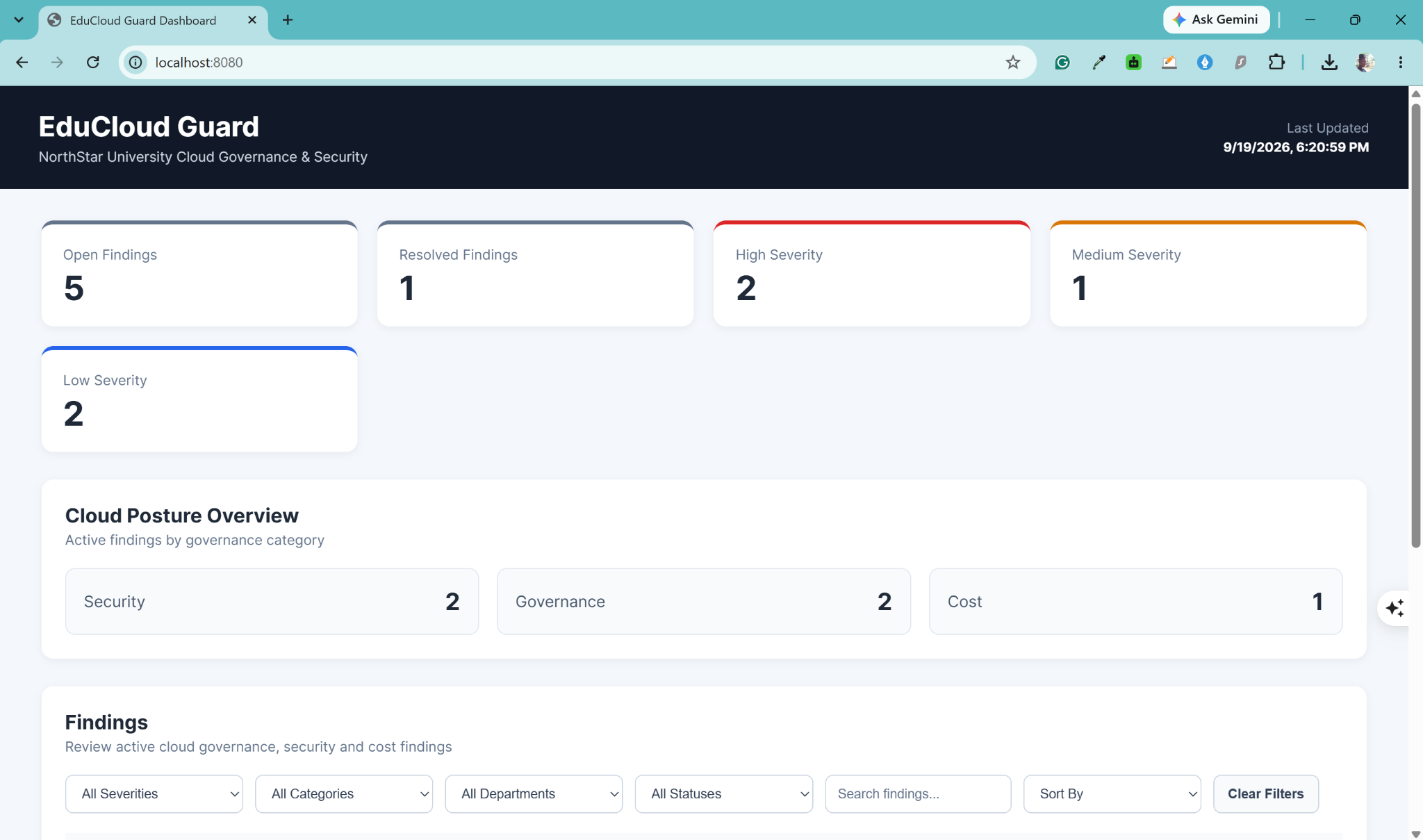 EduCloud Guard dashboard with posture metrics, finding filters, and a findings list