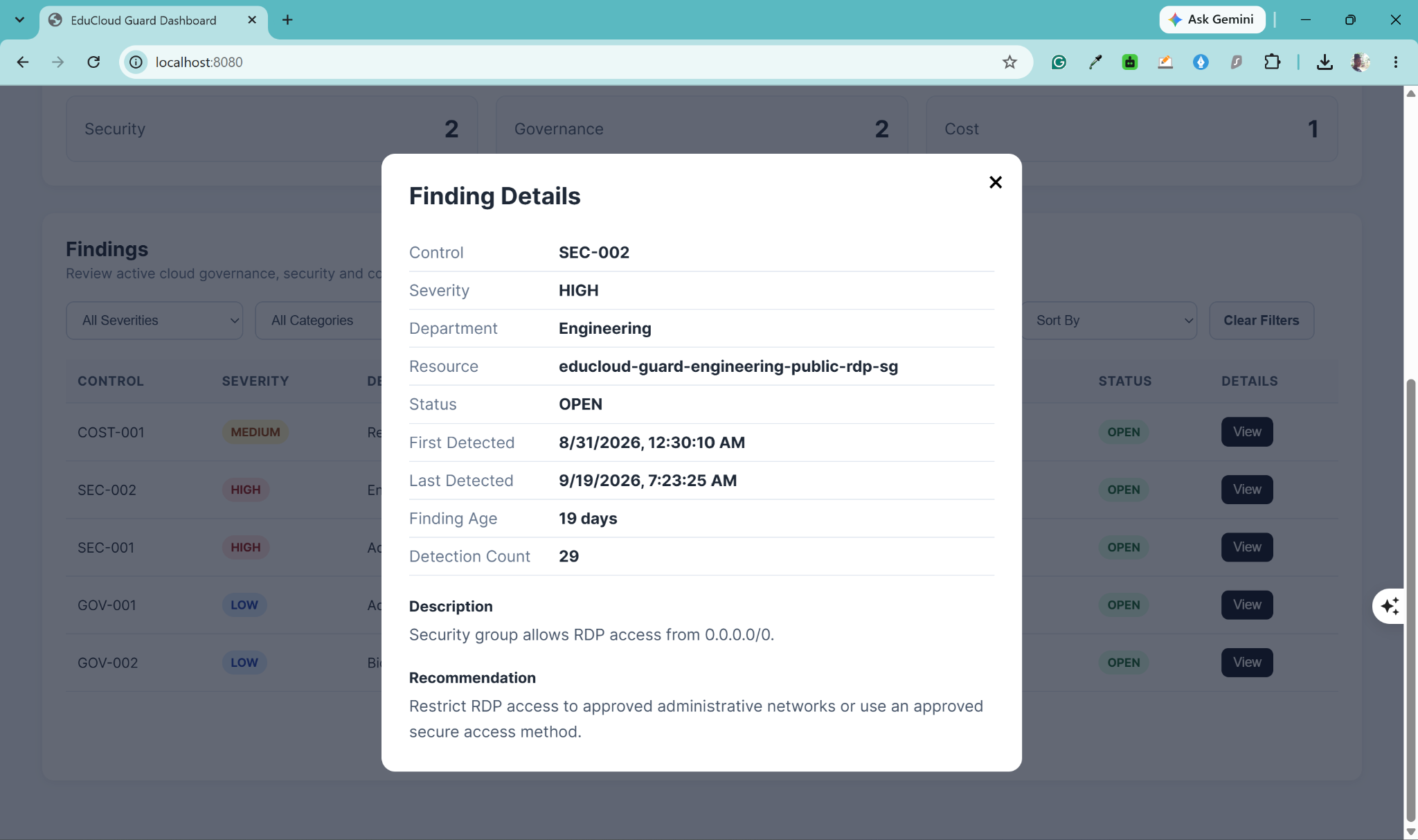 EduCloud Guard finding detail view showing resource information, detection history, and remediation guidance