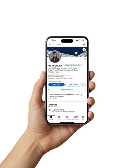 Ita Ebude's LinkedIn profile displayed on a phone